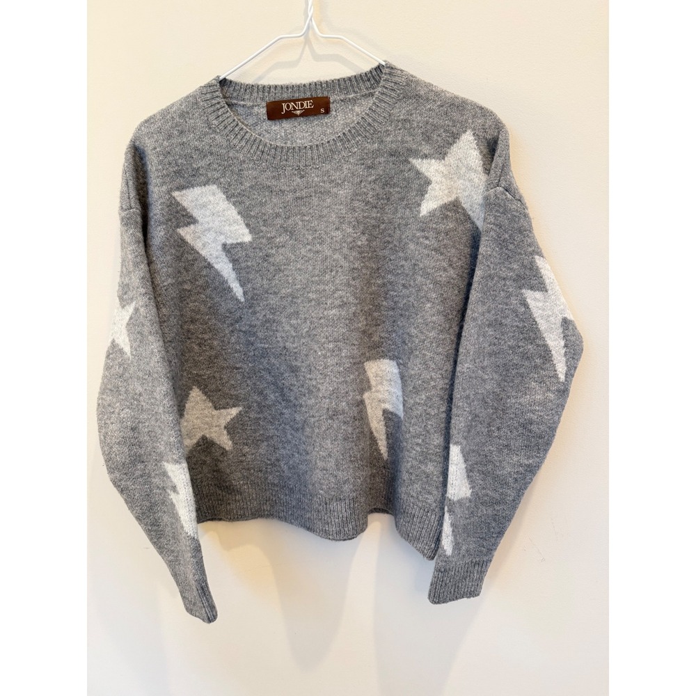 Jondie Women S Gray Star Lightning Bolt Intarsia Knit Crewneck Sweater